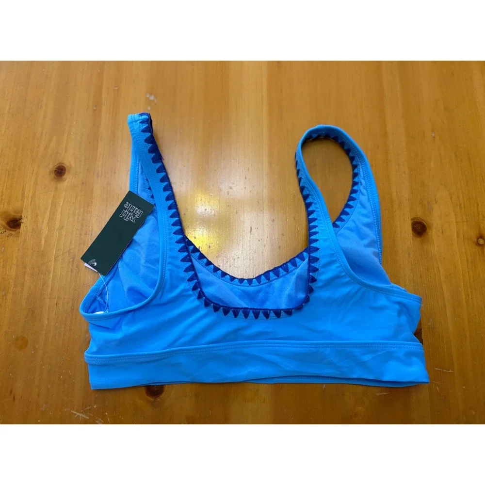 Wild Fable Blue Whipstitch Trim Bikini Top Scoop Neck Swim Size L NWT